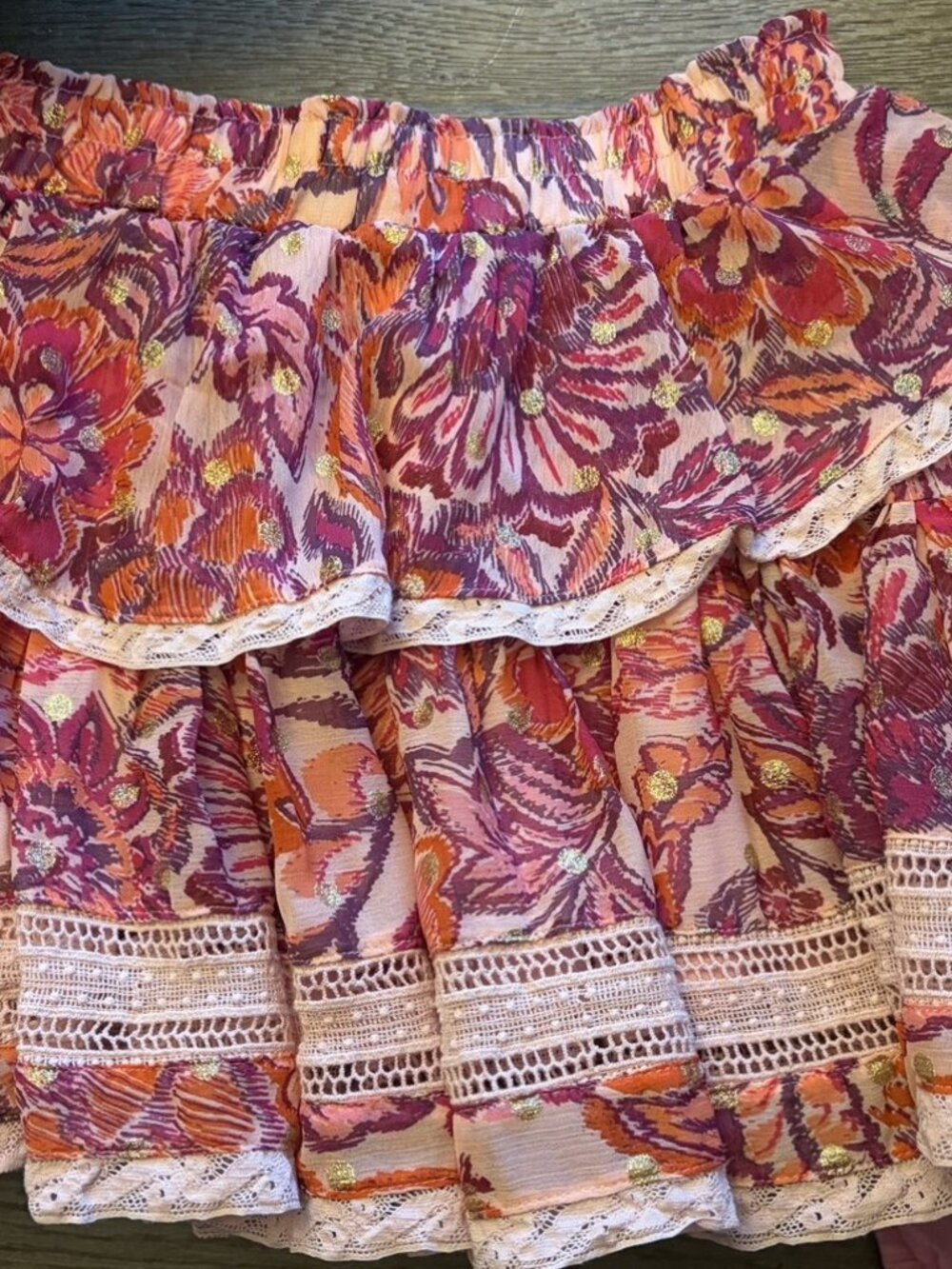 Olivaceous Floral Print Crochet Lace High Waisted Mini Skirt Medium